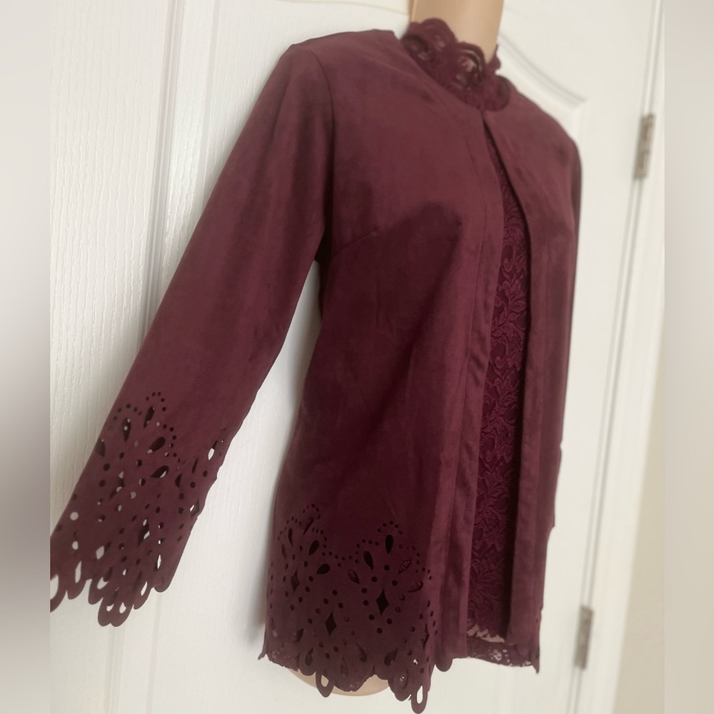 Bob Mackie Rich Plum Berry Faux Suede Jacket with Lace Cut Out Accents, Size S